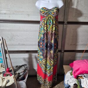 Forever 21 Vintage Paisley Floral Strapless Maxi‎ Dress Multi-Color Boho Small